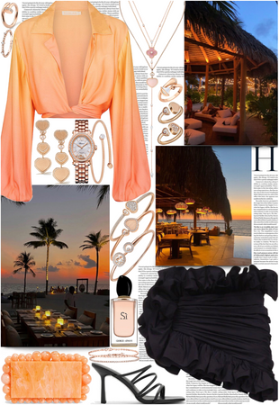 Orange & black outfit with rose gold jewelry for a tropical resort night time
