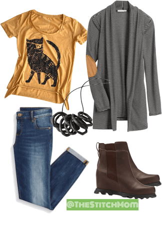 OOTD boots graphic tee and striped Cardigan