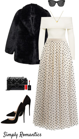 Black fur coat with fancy midi skirt