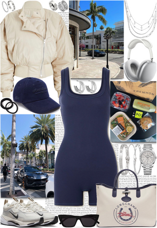Beige & navy blue sporty outfit for running errands at beverly hills