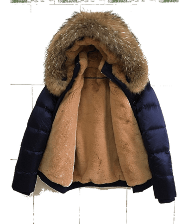 Navy down coat bomber style faux fur lined with raccoon fur hood