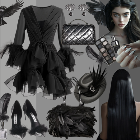Black raven lady outfit with dress and feathers