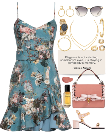 floral dress with pink details & gold jewelry