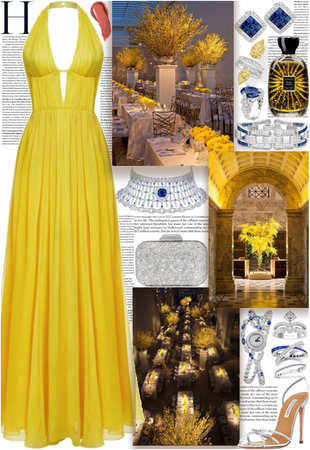 Yellow dress, luxurious jewelry with blue touches for a fancy event