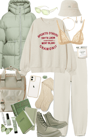 winter comfortable green/cream outfit