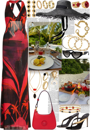 Red & black outfit with black straw hat & gold jewelry for a tropical vacation