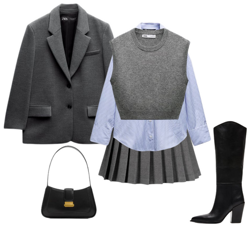grey vest + skirt