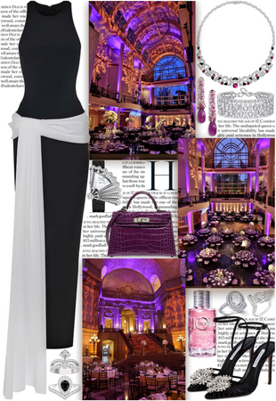 Black dress, luxurious jewelry with purple touches for a fancy event