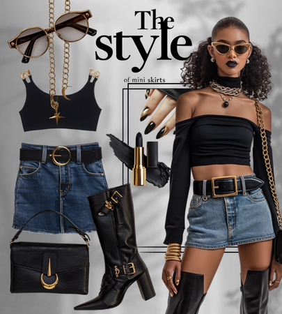 The style of mini skirt - jeans, black and gold