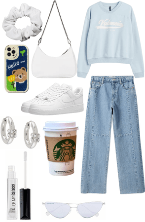 blue, iPhone, jeans, scrunchie, glasses