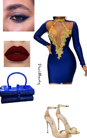 Gold, blue, red lipstick outfit