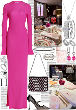 Hot pink dress with black touches & luxurious jewelry for a date night