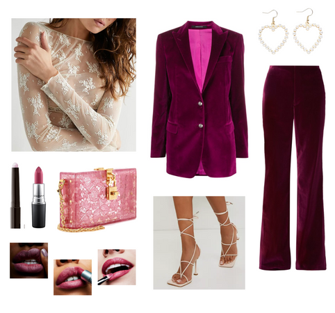Sheer Lace Top & Purple Velvet Suit