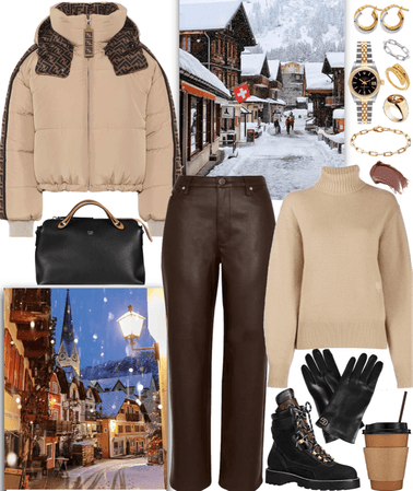 an outfit with fendi puffer jacket for a vacation in Switzerland