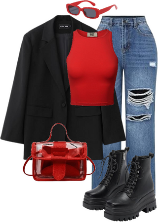 ▪️🔻Chic Fall Black and White Outfit: Blazer, Combat Boots, Red Accents