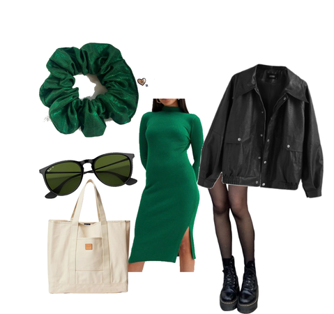 green autumn outfit featuring gold glitter hair scrunchie by sew last summer