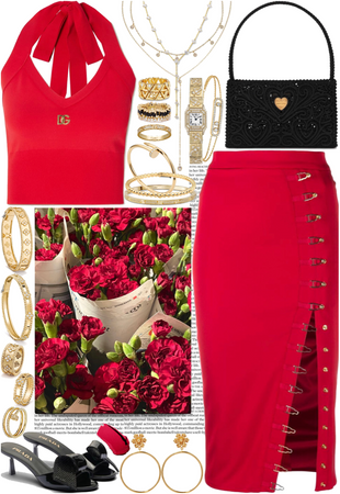 Red set, bunch of gold jewelry with black heels