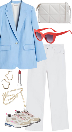 light blue blazer & white pants/jeans
