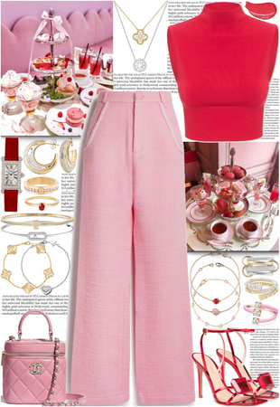 Pink & Red outfit with gold & silver jewelry