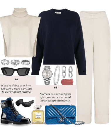 cozy outfit with cashmere sweaters & blue touches