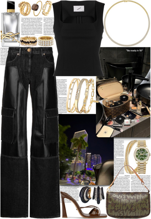 Black outfit with gold jewelry for a girls night outfit in Miami