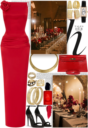 Luxurious red outfit with gold jewelry for a fancy evening