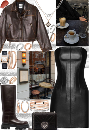 Full leather outfit with silver & rose gold jewelry for a cafe time