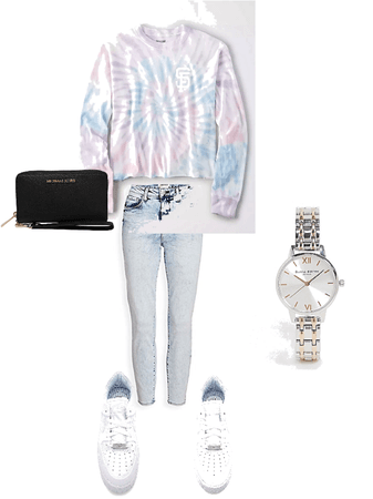A tie-dye Shirt is some bluejeans and  air Forces and some Accessories