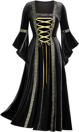 Amazon.com: Gothic Steampunk Dress Women's Square Neck Long Sleeves Tie Gold Velvet Dress Patchwork Bandage Robe Medieval Dresses : Clothing, Shoes & Jewelry