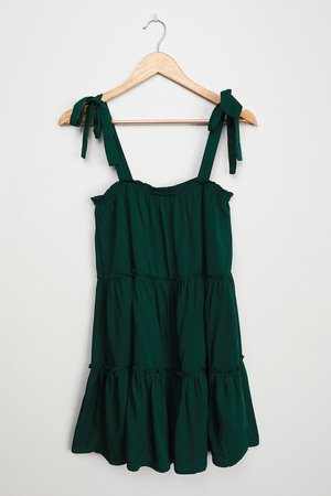 Hunter Green Mini Dress - Trendy Tiered Dress - Tie-Strap Dress