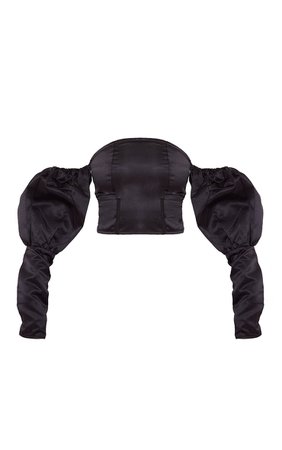 Black Satin Cold Shoulder Puff Sleeve Crop Top | PrettyLittleThing USA
