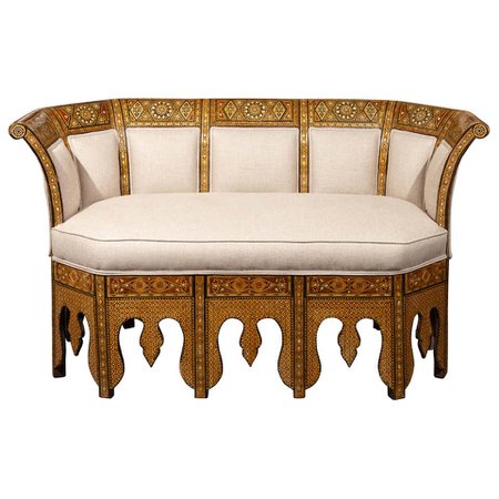 Moorish Style 1920s Settee with Inlaid Geometric Décor and Out-Scrolling Back For Sale at 1stdibs