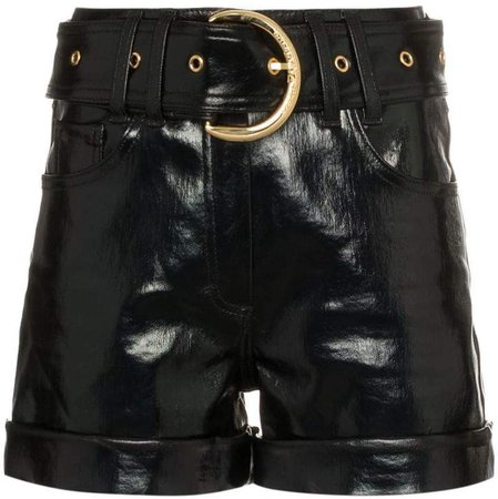 high waisted belted faux patent leather shorts