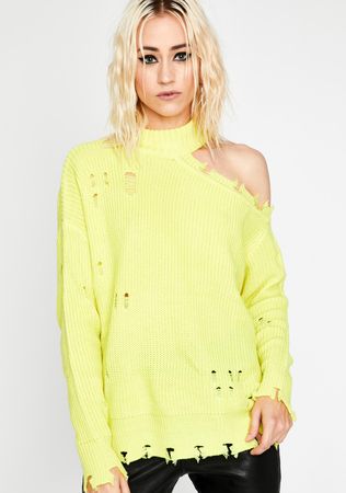Distressed Cut Out Long Sleeve Sweater Yellow | Dolls Kill