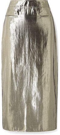 Mina Ruched Lamé Midi Skirt - Silver