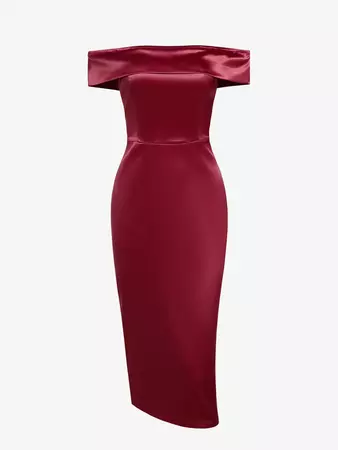 ZAFUL Women's Sexy Party Prom Satin Off Shoulder Foldover Short Sleeve Solid Color Back Slit Midi Bodycon Dress In DEEP RED | ZAFUL 2024