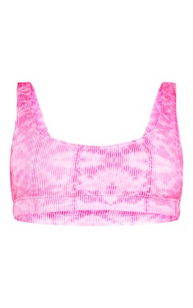 Pink Ribbed Tie Dye Scoop Neck Bikini Top | PrettyLittleThing