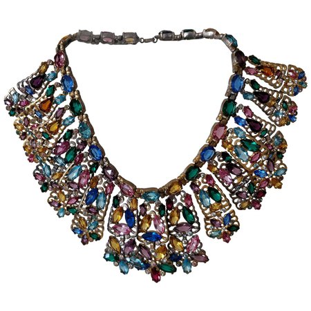 1940s Stained Glass Window Large Multi-Color Rhinestone Collar Necklace For Sale at 1stDibs