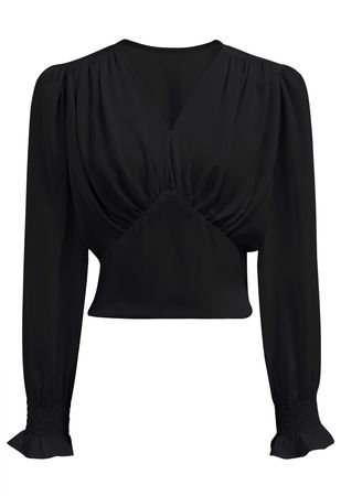 Satin Finish V-Neck Puff Sleeves Crop Top in Black - Retro, Indie and Unique Fashion