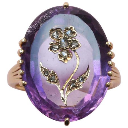 18 Carat Gold Amethyst and Rose Cut Diamond Flower Ring For Sale at 1stDibs