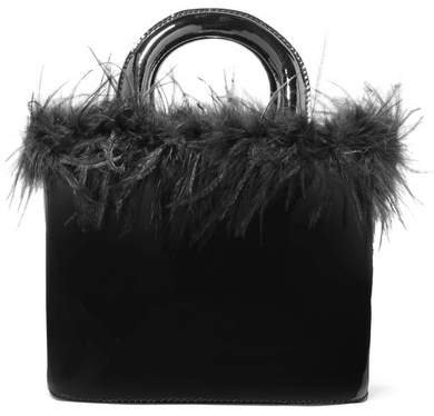 STAUD - Nic Feather-trimmed Patent-leather Tote - Black