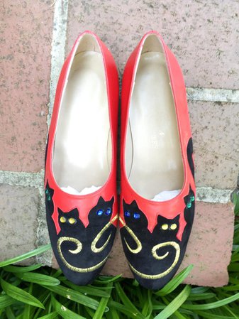 Vintage Feline Flats Black Cat Slip On Shoes Cat Shoes | Etsy
