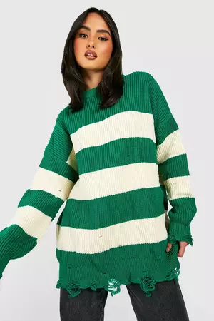 Knitted Distressed Crew Neck Sweater | boohoo