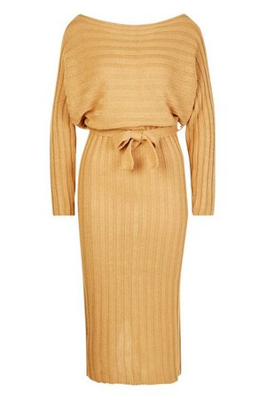Rib Knitted Midaxi Belted Dress | Boohoo camel
