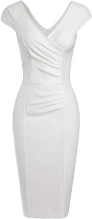 MUXXN Women's Winter Solid Color Cap Sleeves Elegant Retro Sheath Business Pencil Dress (White XXL)