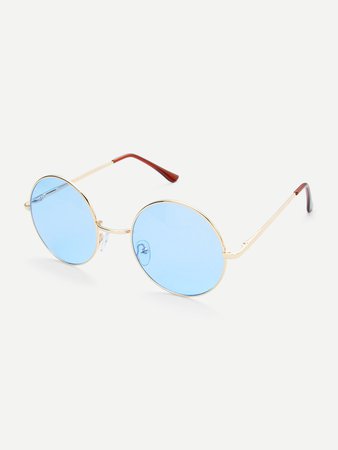 Gold Frame Light Blue Retro Style Round Sunglasses | ROMWE