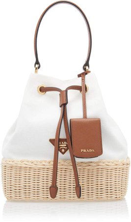 Small Leather-Trimmed Raffia and Canvas Bucket Bag
