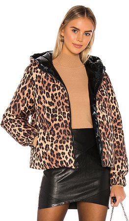 Alice + Olivia Durham Reversible Hooded Puffer in Spotted Leopard Dark Tan & Black | REVOLVE