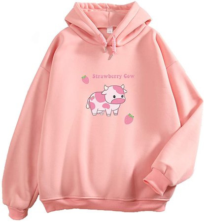 Pullover Sweatshirts for Women Cute Strawberry Cow Print Hoodie Casual Fuzzy Top (Pink,2XL=US L) at Amazon Women’s Clothing store