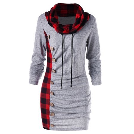Vista - Women Autumn and Winter Cowl Neck T Shirt Dress Casual Long Sleeve Sweater Plaid Print Dress - Walmart.com